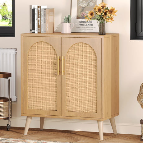 Rattan Storage Cabinet with Adjustable Shelf, Bathroom Floor Cabinet with 2 Doors, Freestanding Sideboard Cabinet, Accent Cabinet for Living Room, Entryway, Natural KES010MCWG