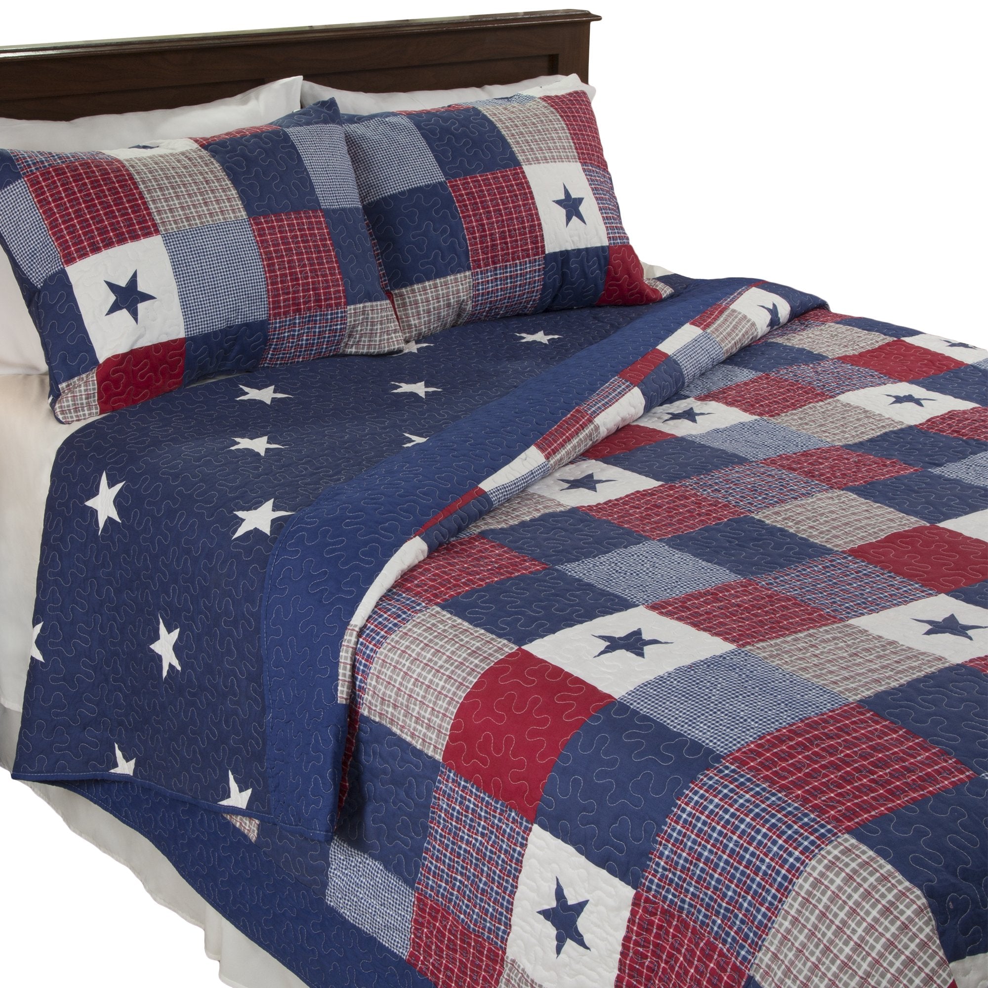 3-PC Caroline Patriotic Microfiber Americana Stars and Plaid Patchwork Blanket 2 Shams