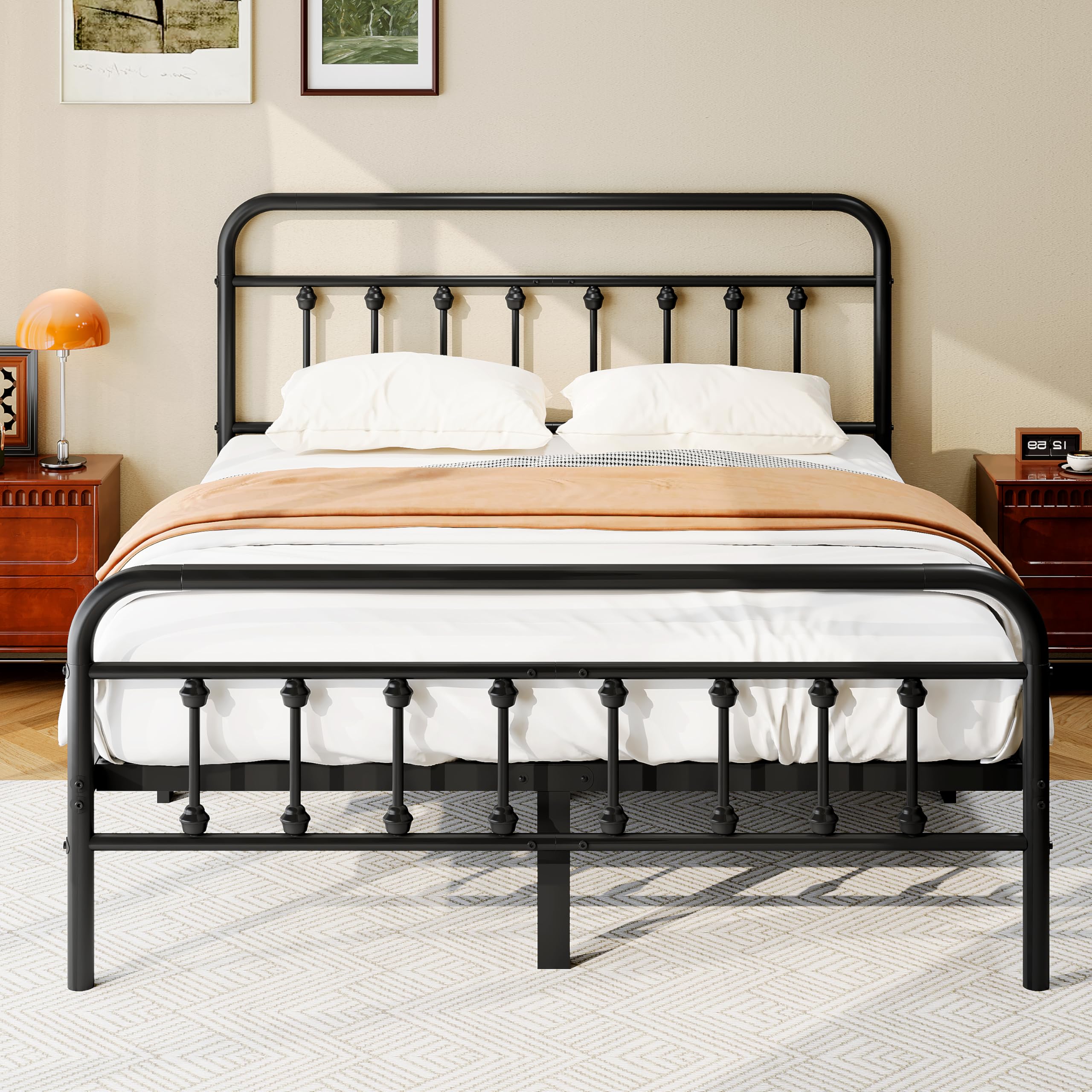 Queen Size Metal Platform Bed Frame with Victorian Headboard