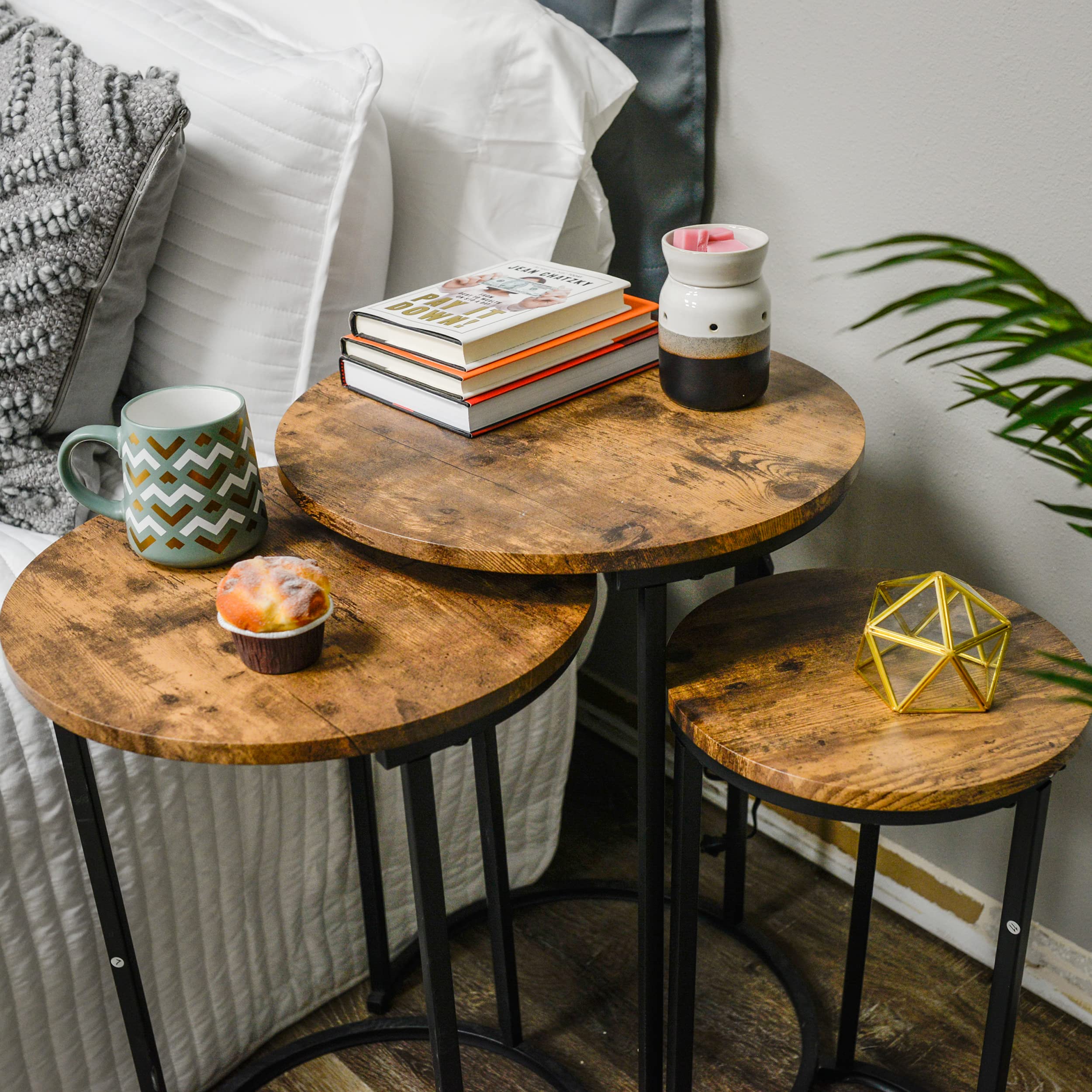 Nesting Tables Set of 3 - Wood Accent Nightstand Set Small Coffee Tables for Living