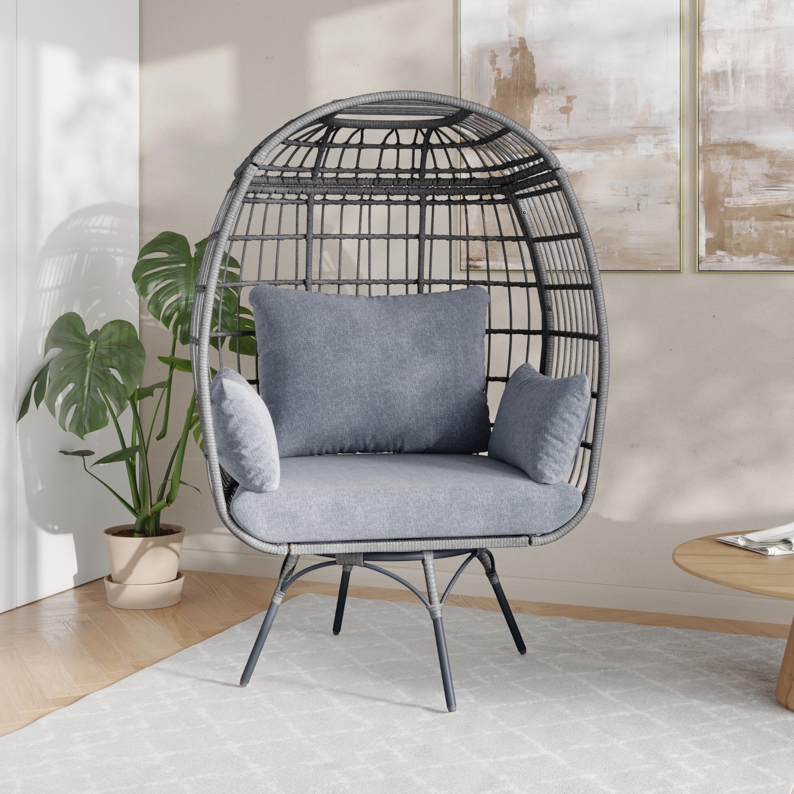 Commercial Indoor/Outdoor Swivel Lounge Chair, Oversized Wicker Egg Chair, 360 Degree Swivel, High Back, 4 Cushions, Gray