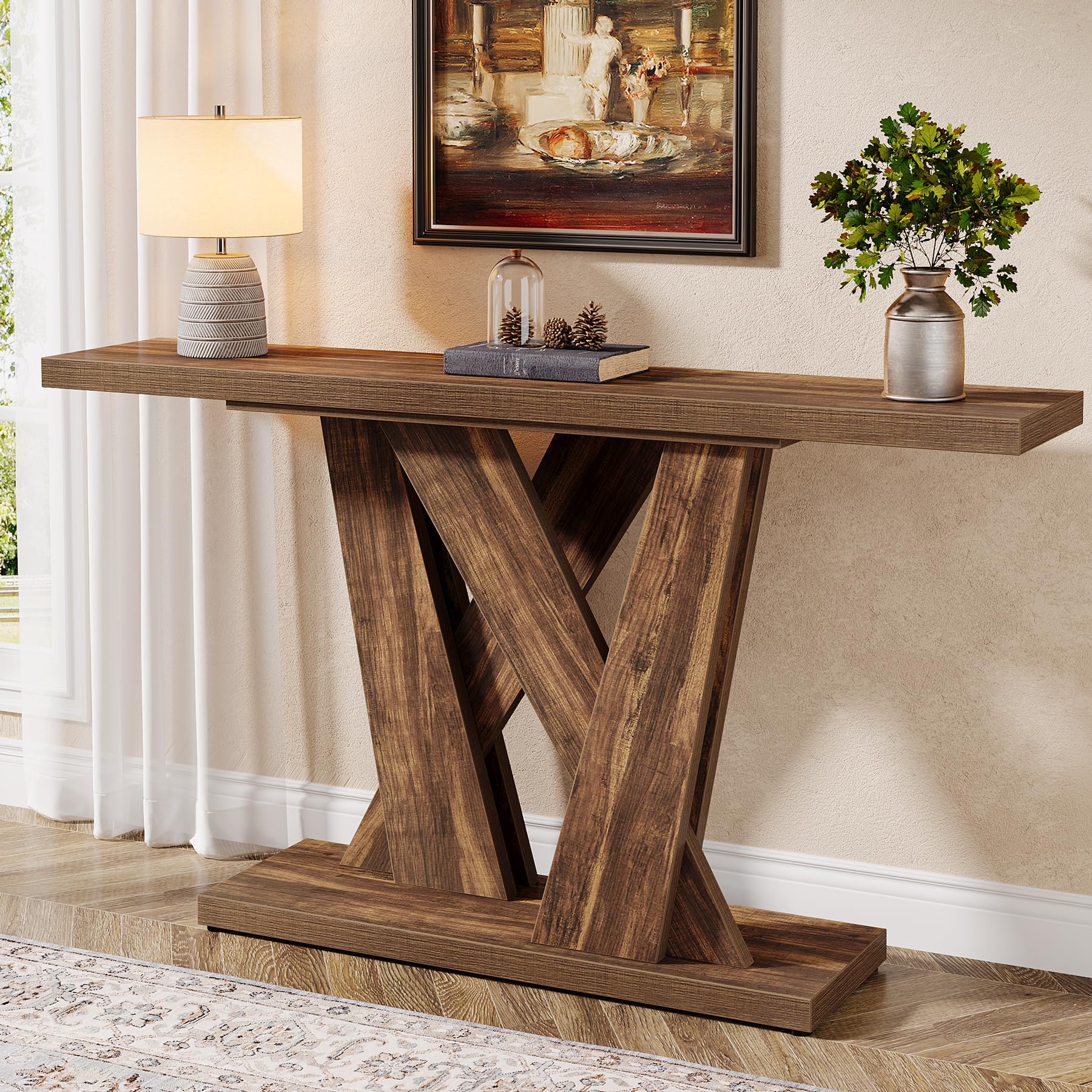 55-Inch Farmhouse Console Table with Geometric Base - Rustic Brown