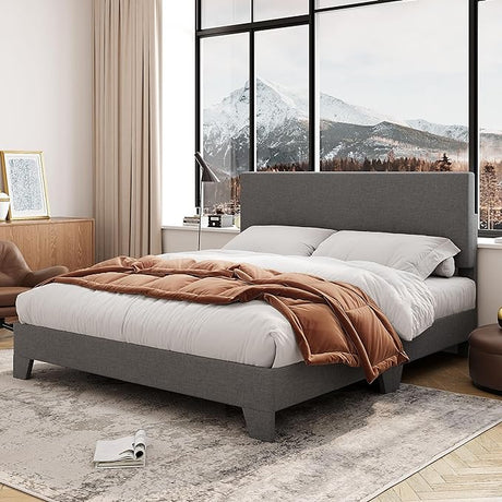 Full Size Bed Frame with Adjustable Headboard, Faux Leather Platform Bed with Wood