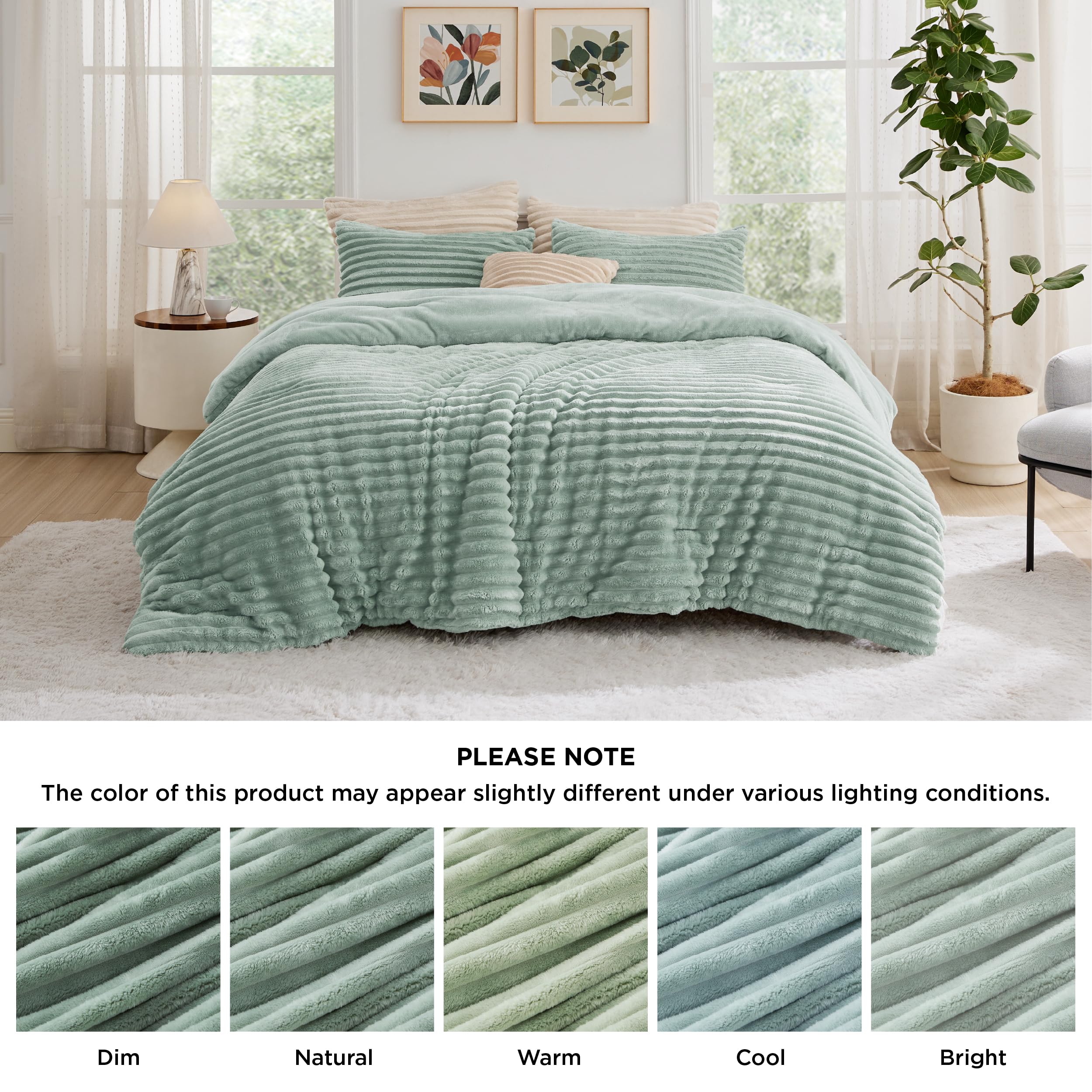 Fluffy Comforter Set Queen - Super Soft Faux Fur Comforter Queen Size Sage Green,
