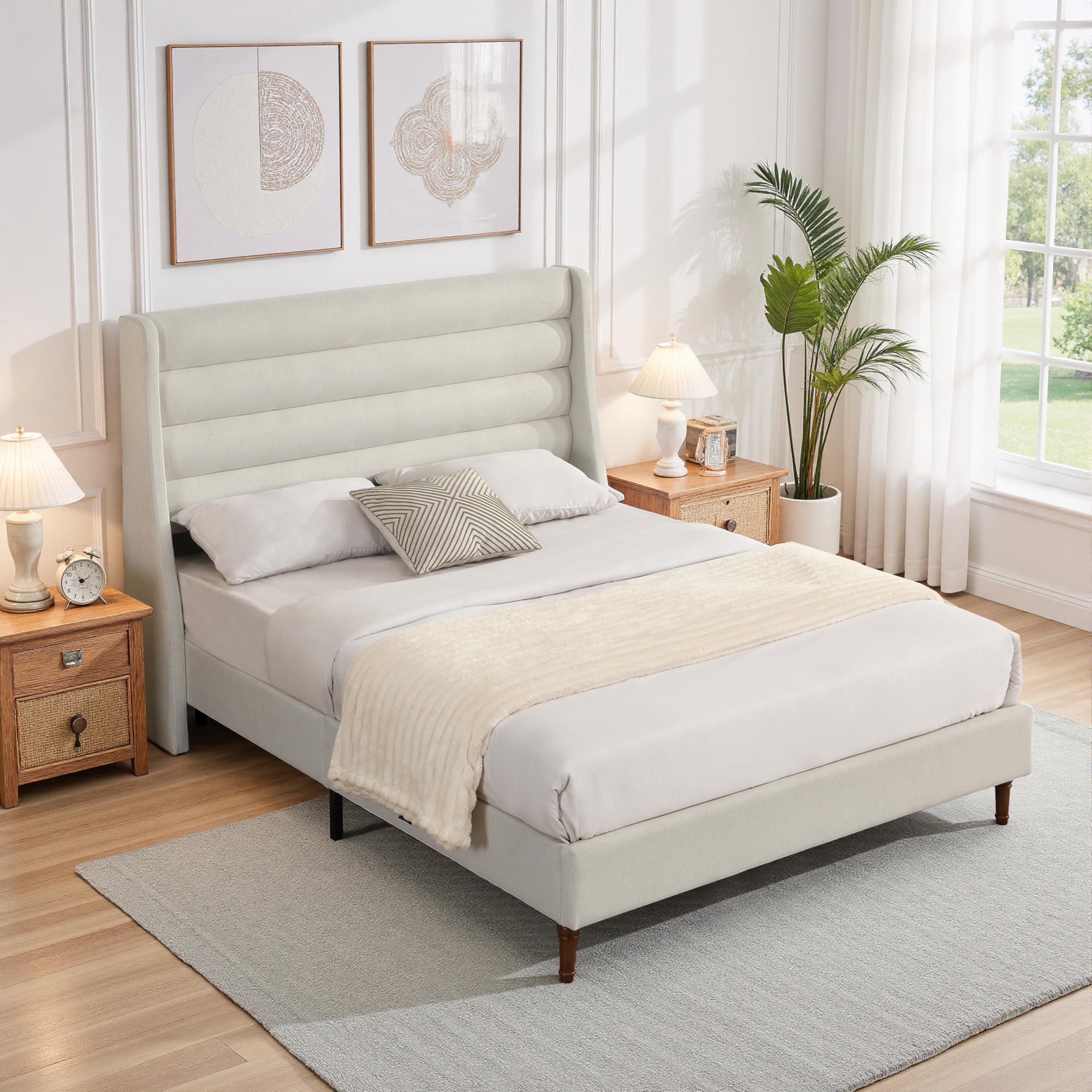 Queen Platform Bed with Wave Headboard - Ivory Chenille