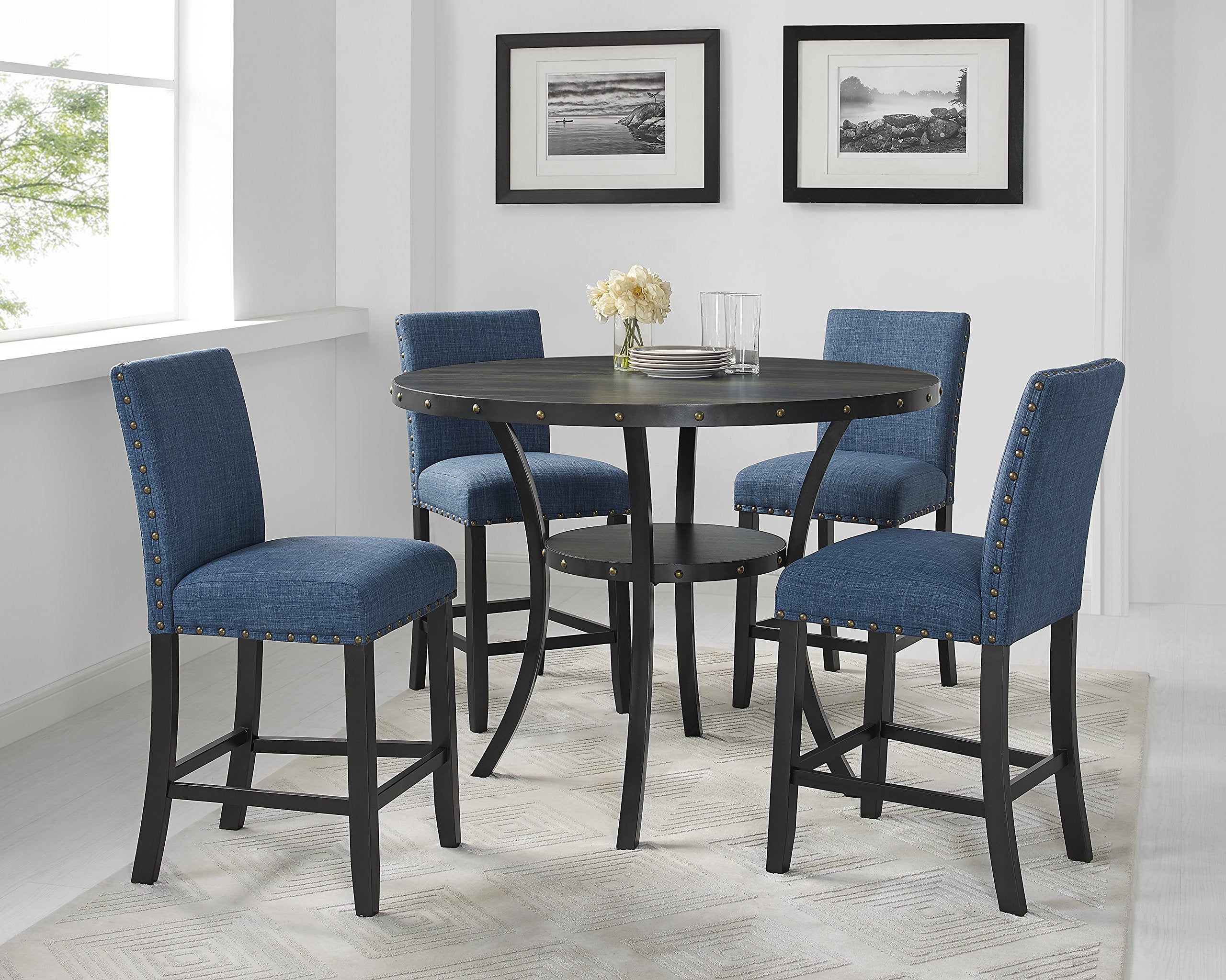 Espresso Counter Height Dining Set with Blue Nailhead Stools