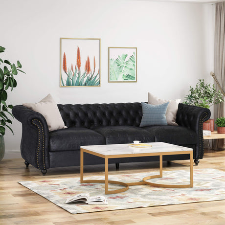 Tufted Microfiber Sofa with Scroll Arms, Black