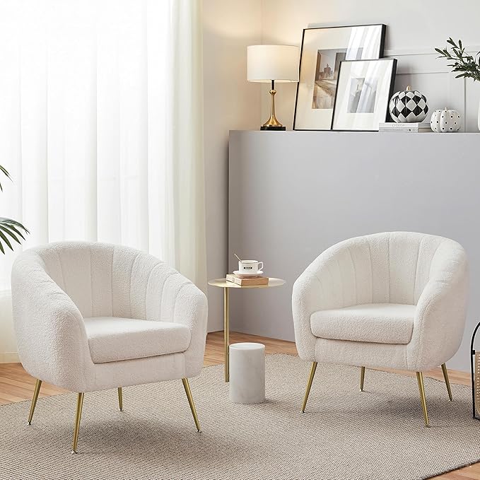 Accent Chair, Modern Barrel Vanity Chair with Gold Metal Legs, Tufted Accent