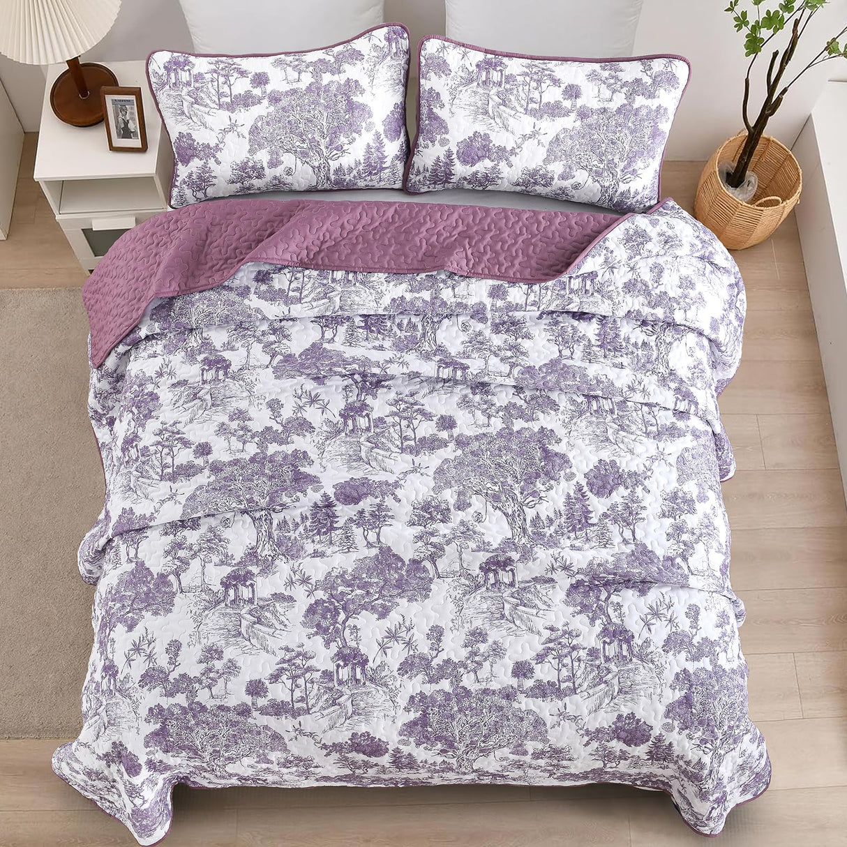 Botanical Quilt Set Queen Size, Purple 3 Pieces Floral Plants Printed