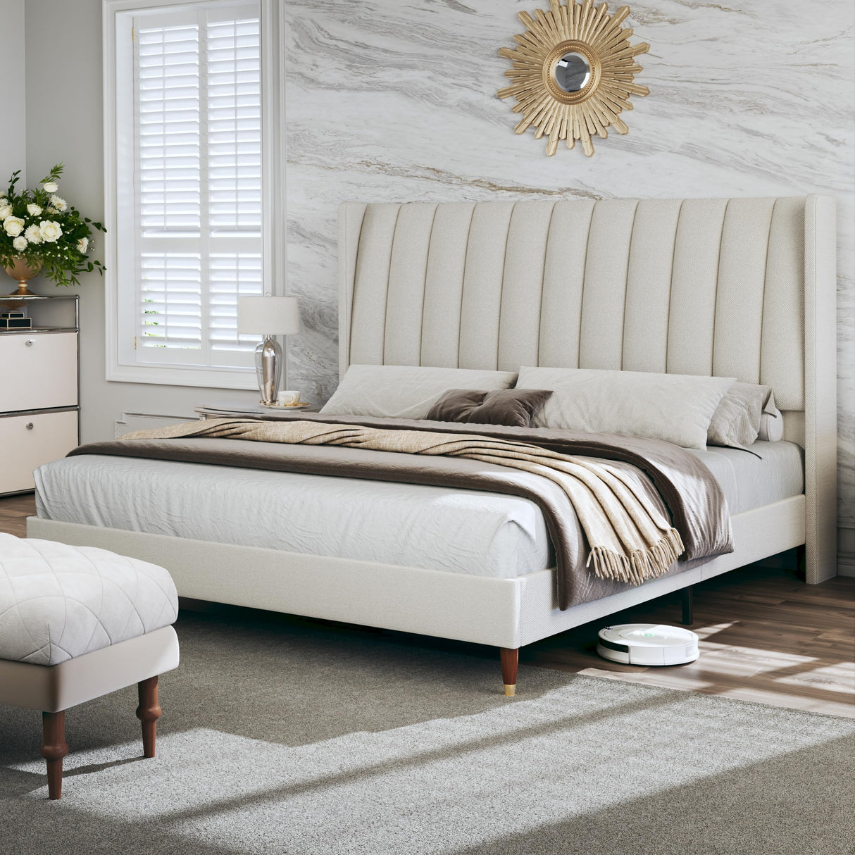 Queen Platform Bed Frame, Upholstered Bed Frame Queen with Vertical Channel Tall