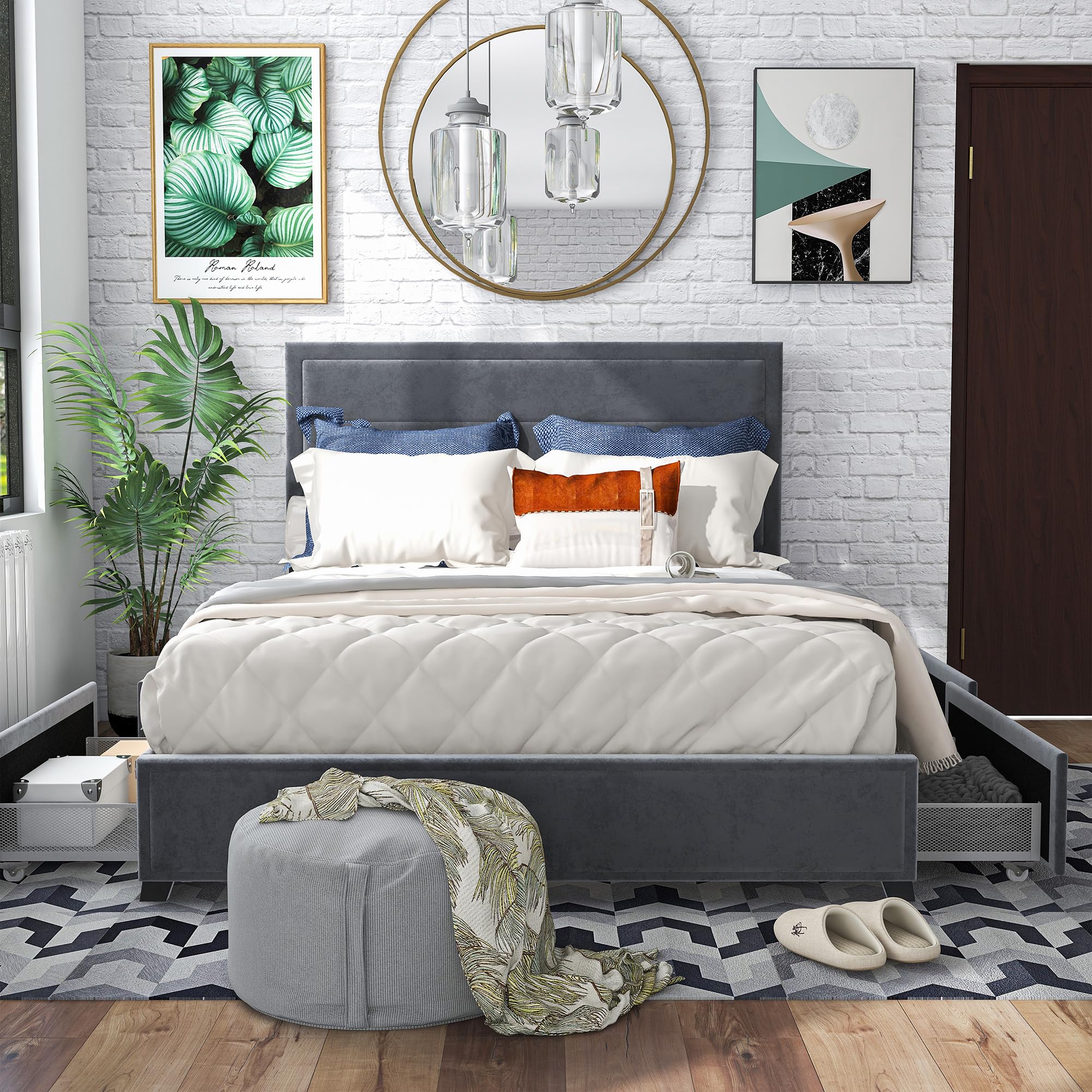 Leif Transitional Fabric Upholstered Platform Bed with Storage for Bedroom