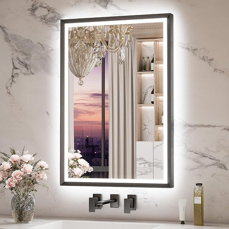 Keonjinn 48” x 30” LED Bathroom Mirror with Frontlit & Backlit, Large Black