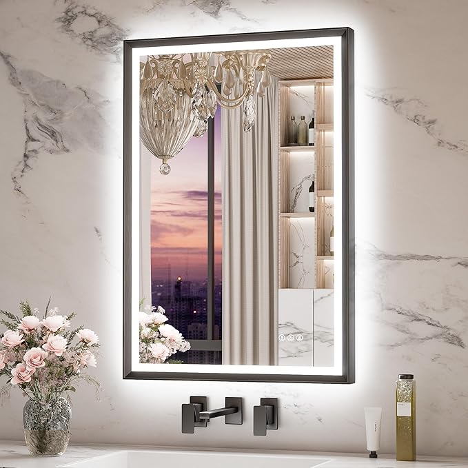 LED Bathroom Mirror with Frontlit & Backlit, Large Black