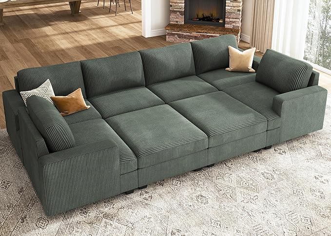 Modular Sectional Couch with Storage Ottoman, Corduroy Sleeper Sectional Sofa with Chaise, Sectional Couches for Living Room, Beige