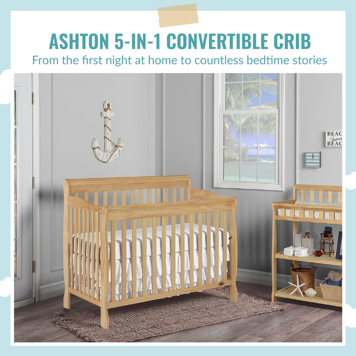 Ashton 4-In-1 Convertible Crib In Natural, Greenguard Gold, JPMA Certified, Non-Toxic Finishes, Features 4 Mattress Height Settings, Made Of Solid Pinewood