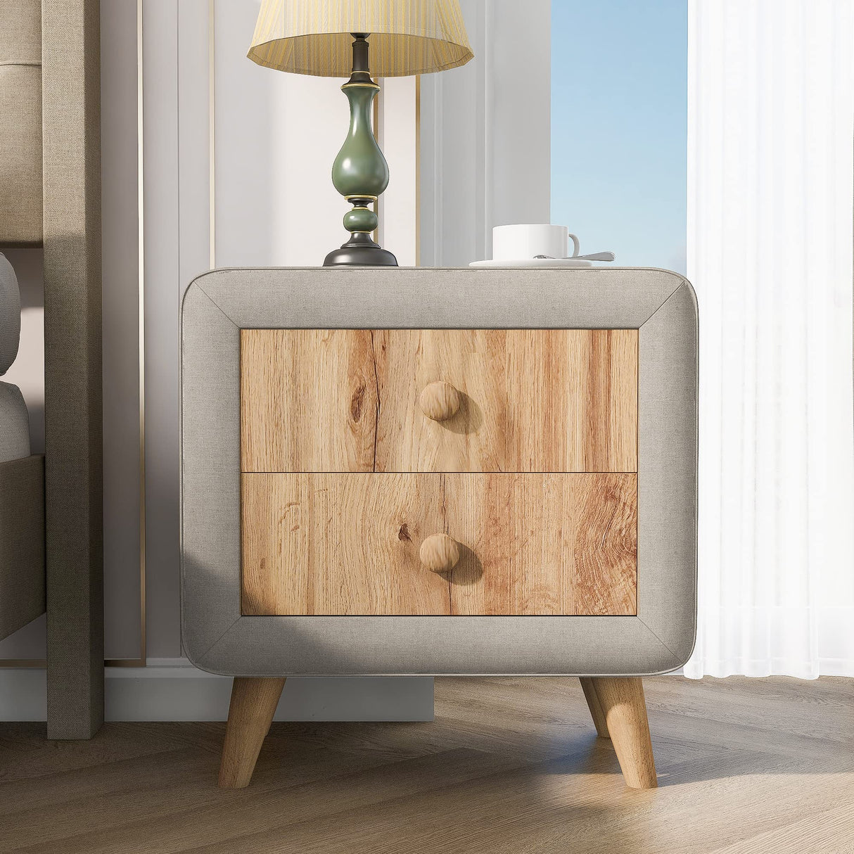 Upholstered Wooden Nightstand with 2 Drawers, Bedside Table with Rubber Wood Leg