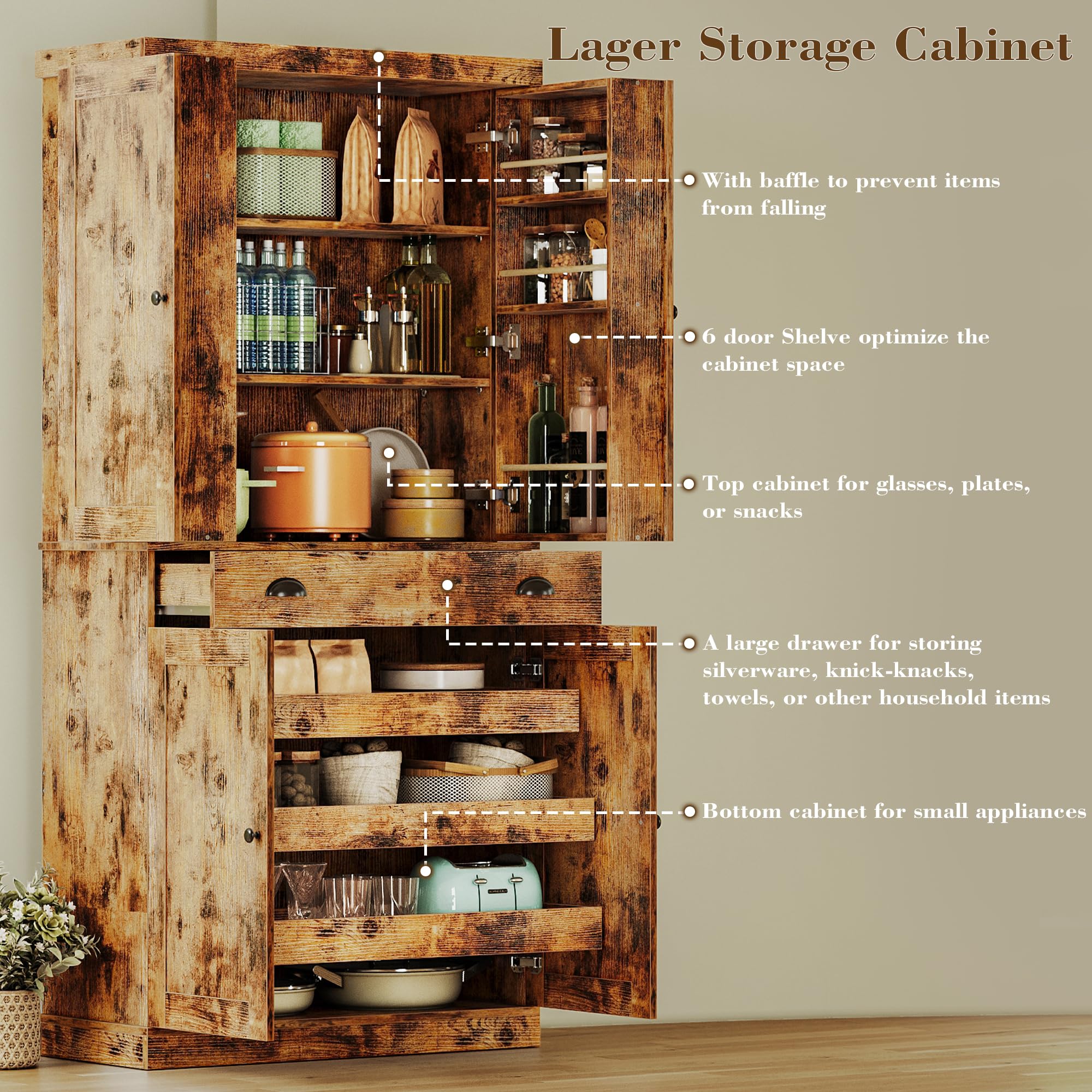 IRONCK Kitchen Pantry Cabinet with Sliding Storage Rack and 6 Hanging Shelves, 72" Height Tall Freestanding Cupboard for Living Room, Dining Room, Laundry, Vintage Brown