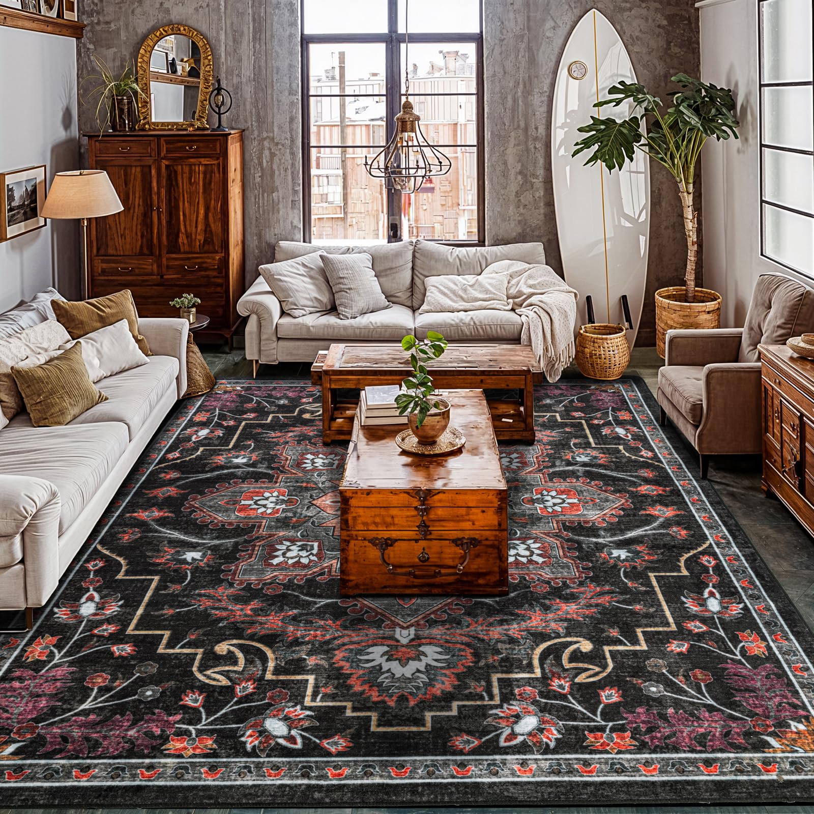 Boho Large Area Rug, Washable Rug, Ultra Soft Area Rug, Non Slip Abstract Rug Foldable,