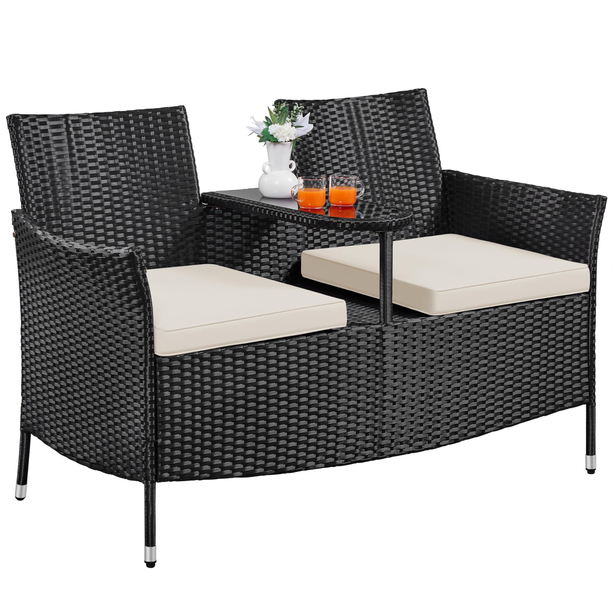 Patio Loveseat, Outdoor Wicker Double Chair w/Side Table, PE Rattan Furniture Set