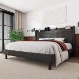 King Size Bed Frame, Modern Bed Frame with Charging Station, Wingback Storage