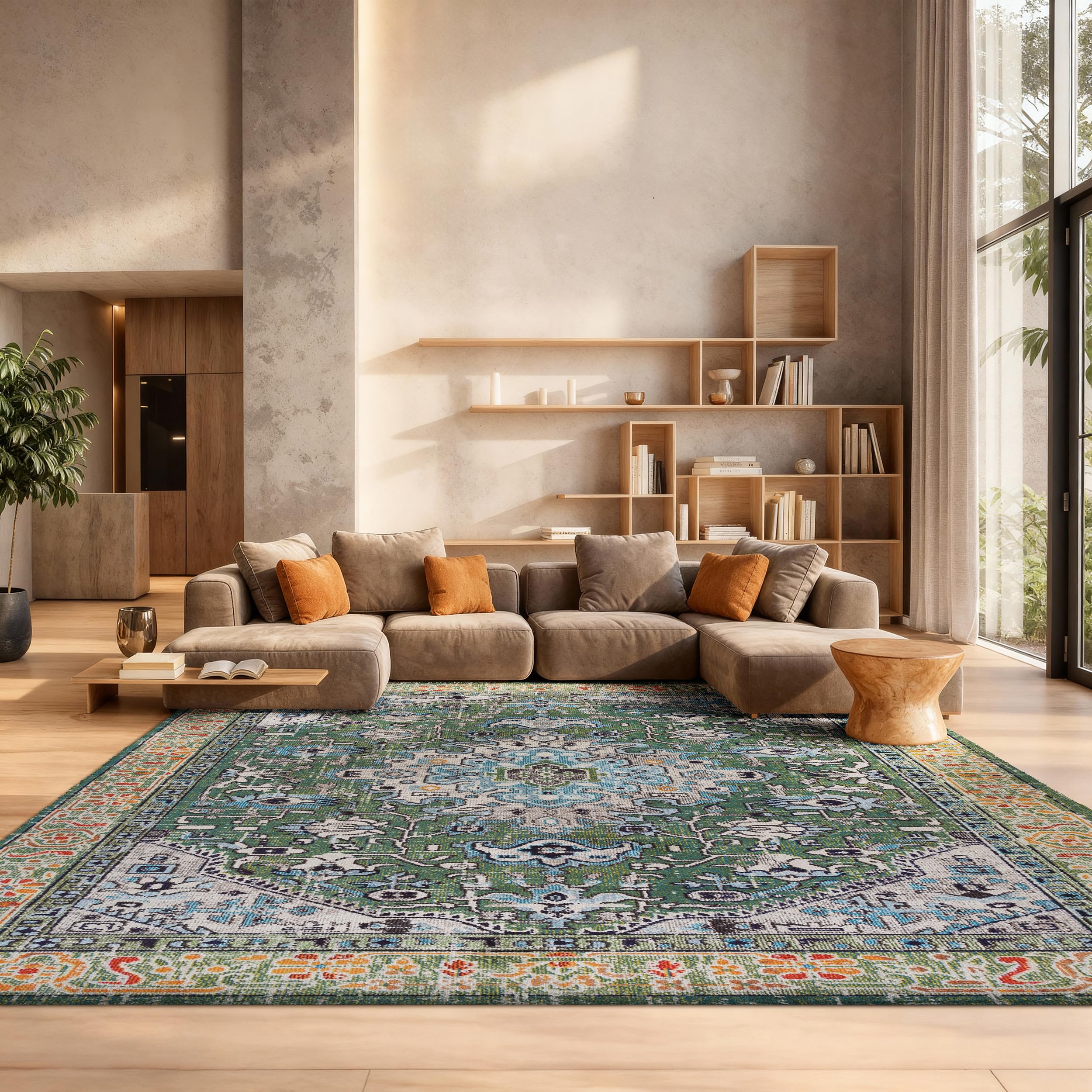 SAFAVIEH Madison Collection Area Rug - 10' x 14', Green & Turquoise, Boho Medallion Distressed Design, Non-Shedding & Easy Care, Ideal for High Traffic Areas in Living Room, Bedroom (MAD474Y)