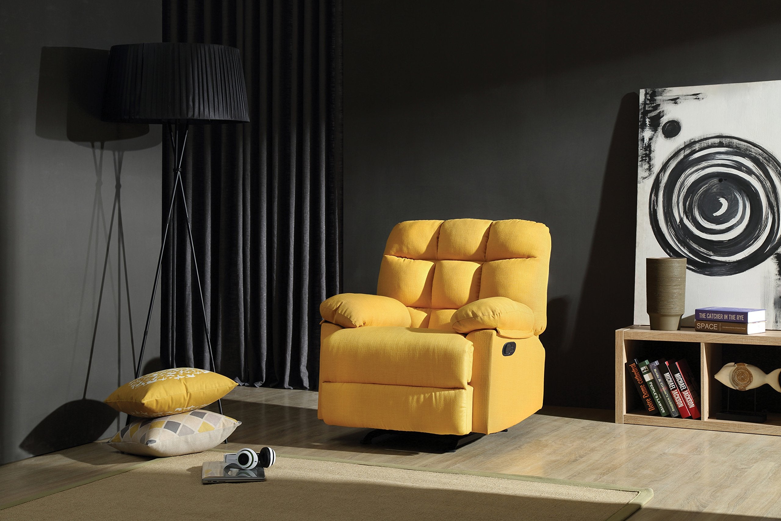 ComfyGlide Tufted Rocker Recliner Chair – Yellow Fabric with Padded Arms
