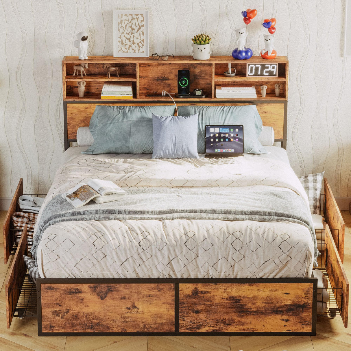 Queen Bed Frame with 4 Storage Drawers & Bookcase Headboard