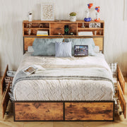 Queen Bed Frame with 4 Storage Drawers & Bookcase Headboard