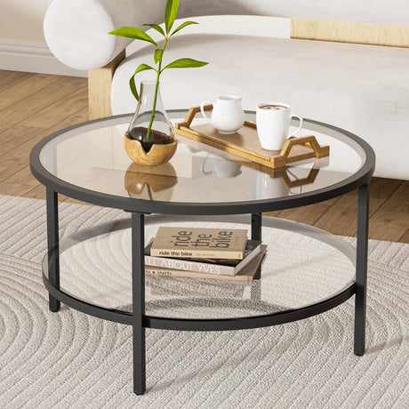 Black Glass Coffee Table, 29.5 Inch Round Modern coffee table, 2-Tier Round Glass Coffee Table for Living Room, 29.5" D x 16.5" H