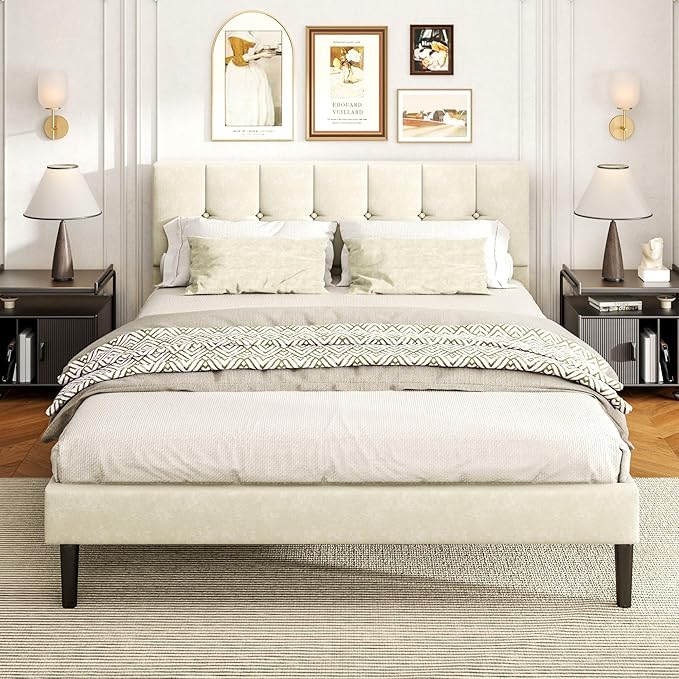 Full Size Bed Frame, Platform Beds with Upholstered Headboard