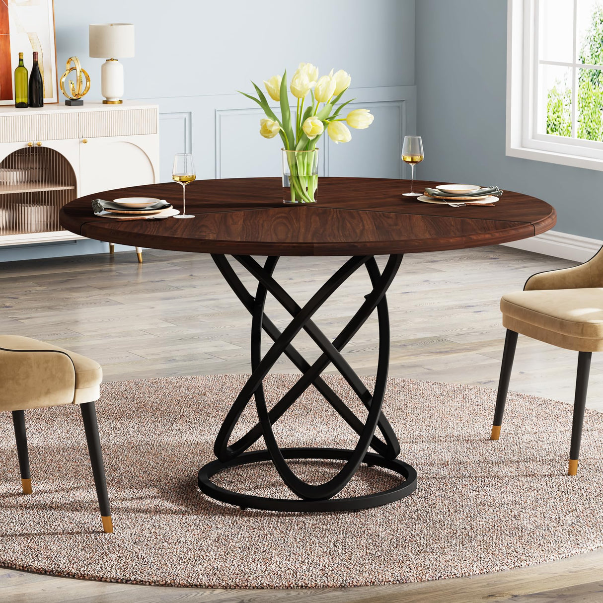 Round Dining Table for 4, 47 Inch Dinner Table Circle Kitchen Table with Metal Base,