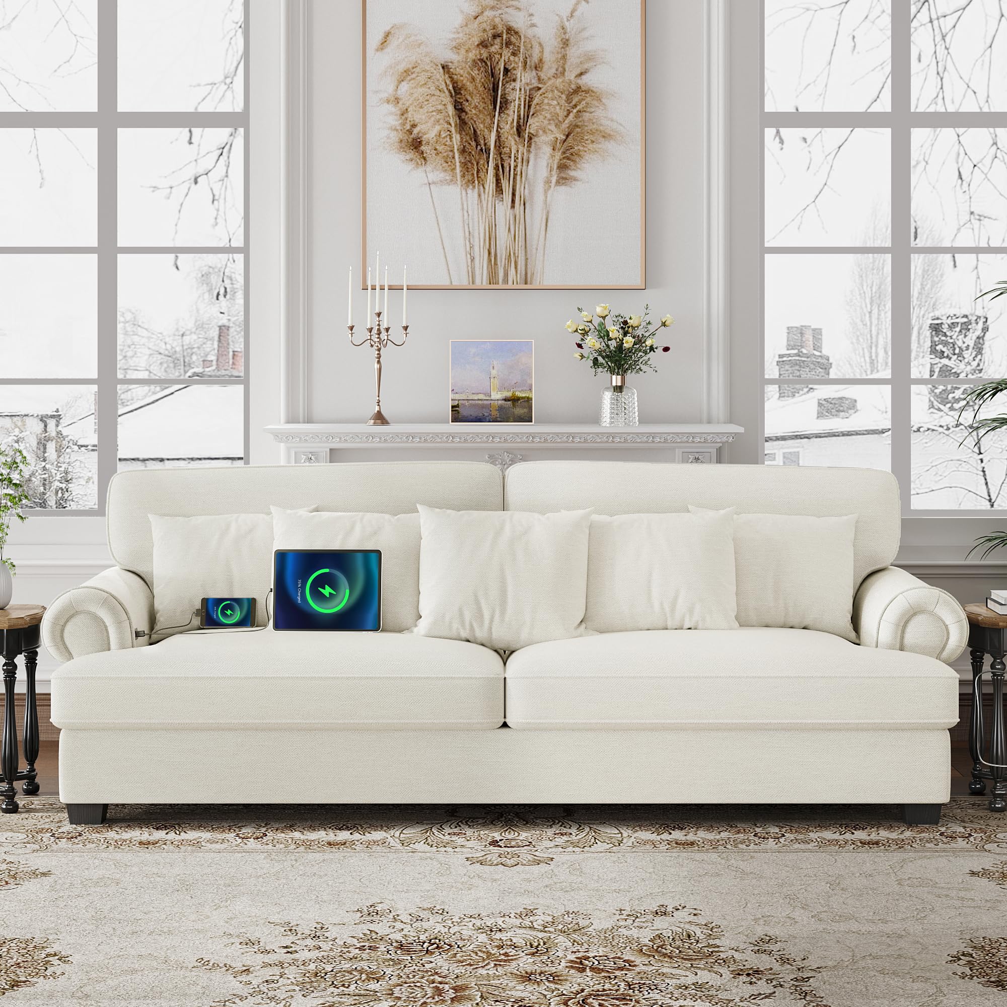 Comfy Sofa Couch with 3 Extra Deep Seats and 2 USB Charging Ports, Modern Sofa