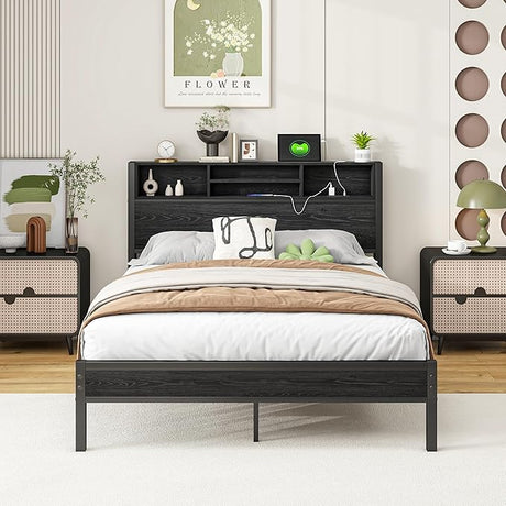 Twin Bed Frame with Bookcase Headboard/USB Charging Station,Metal Platform Bed,