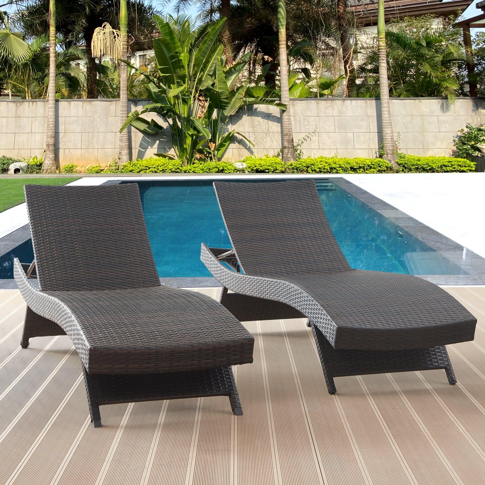 Long Reclining Chair Set of 2 with Cushions, Chaise Lounge Wicker Reclining Lounge Chair