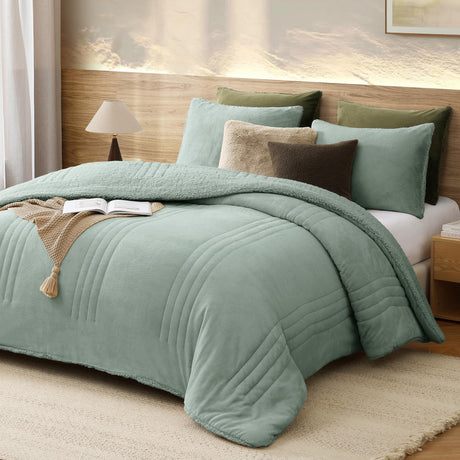 Fluffy Queen Comforter Set – 3 Piece Cozy Sherpa Comforter Queen Size Sage Green