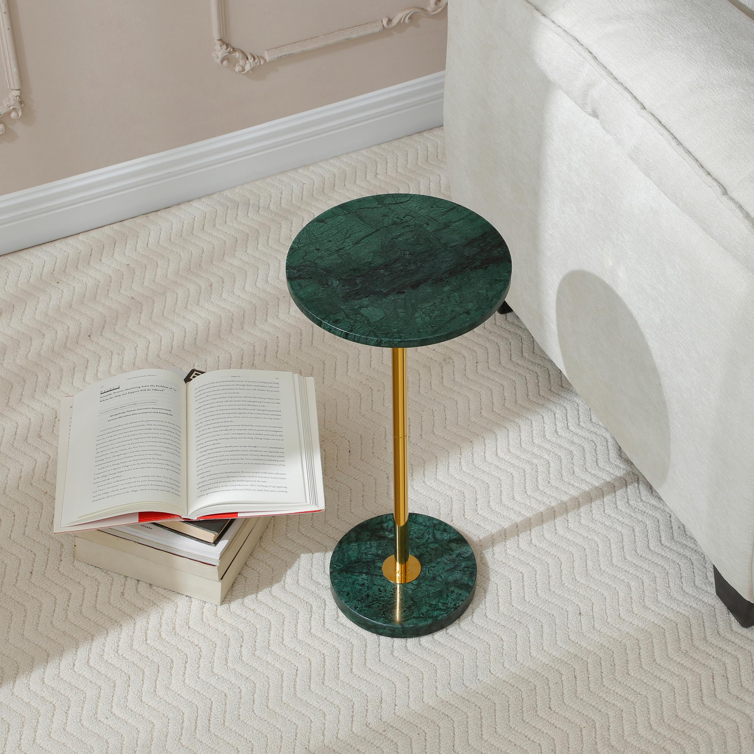 9.8-inch Marble Round Drink Table, Stone Finish Top Pedestal End Table for Living Room