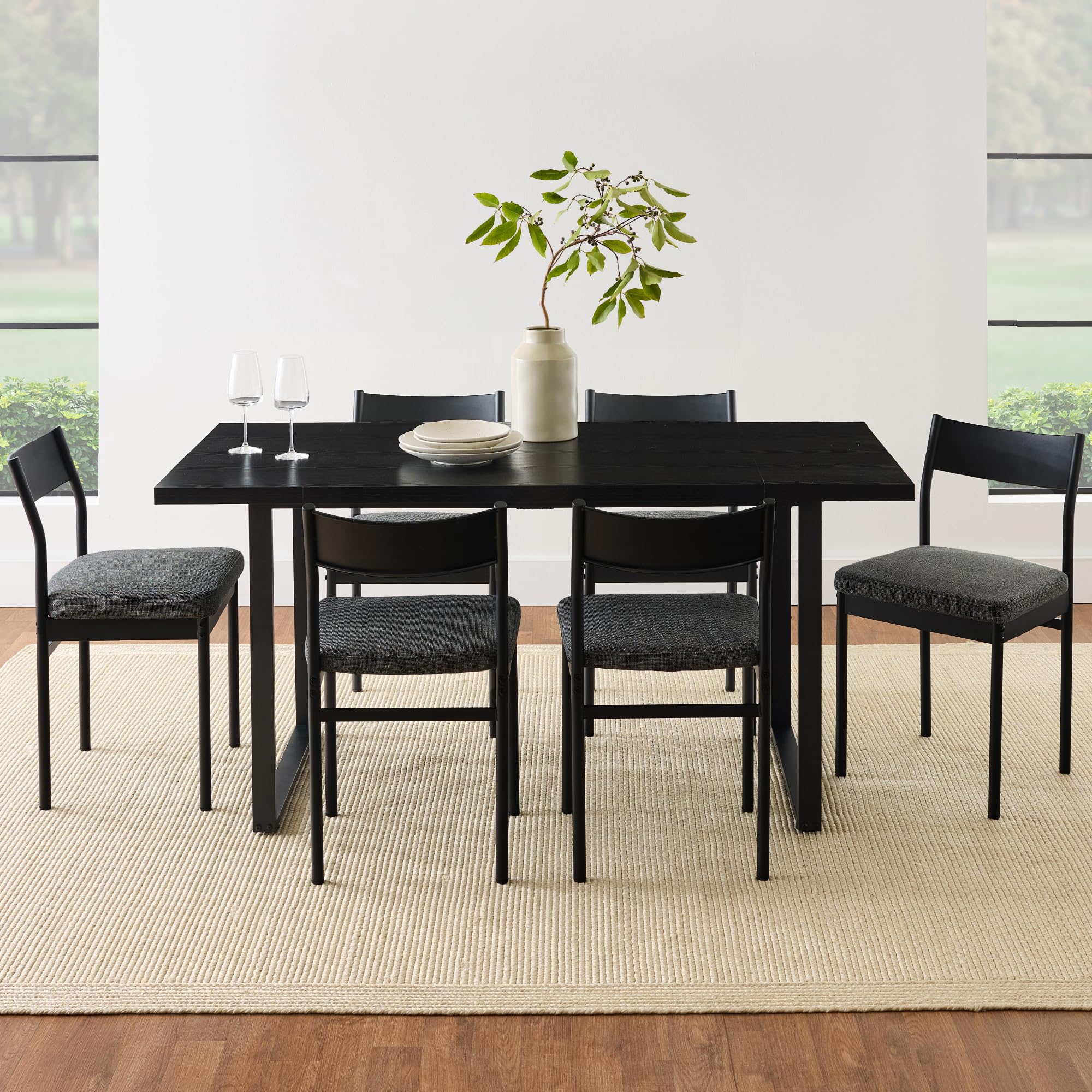 7-Piece Modern Dining Set - Metal Table & 6 Upholstered Chairs
