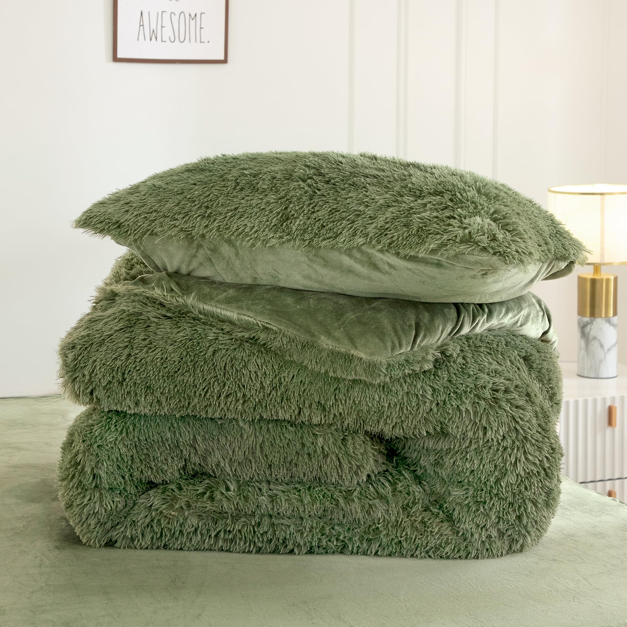 Faux Fur Sage Green Comforter Set King Size