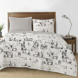 Accents Ranch Life Western Bedding, 3 Piece King Size Quilt Set, White Black Cow Cowboy Longhorn Horse Rodeo Print Western Bed Set, Cotton Rustic Southwest Quilt with Pillow Shams