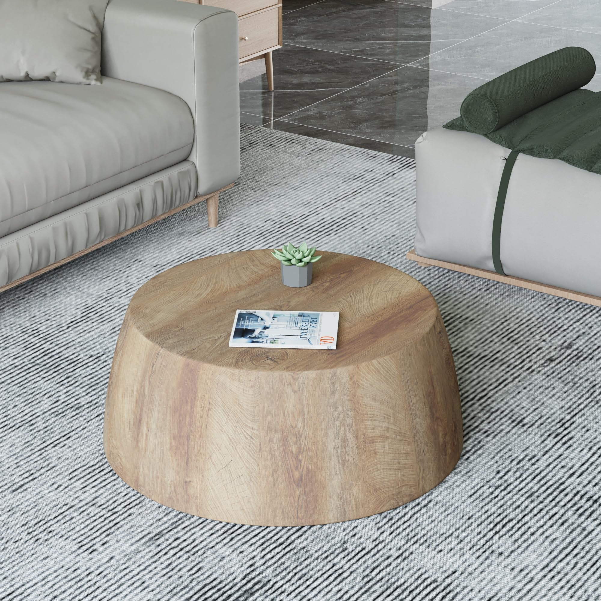 Drum Coffee Table, Modern Industrial Wooden 29.53" Round Coffee Table