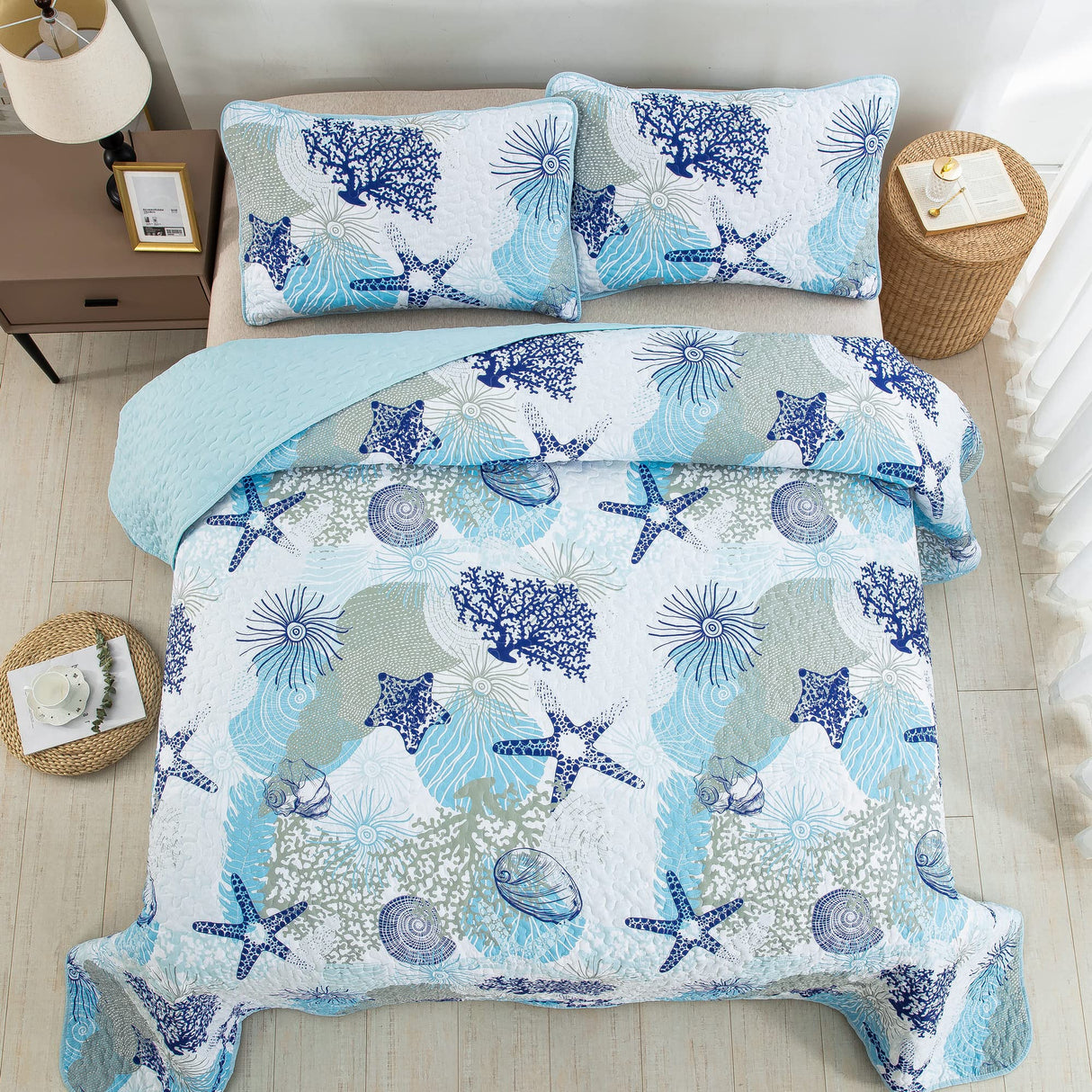 Coastal Quilt Set Queen Size, Blue Ocean Beach Themed Bedding Set Coral