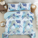 Coastal Quilt Set King Size, Blue Ocean Beach Themed Bedding Set Coral Seashell Conch