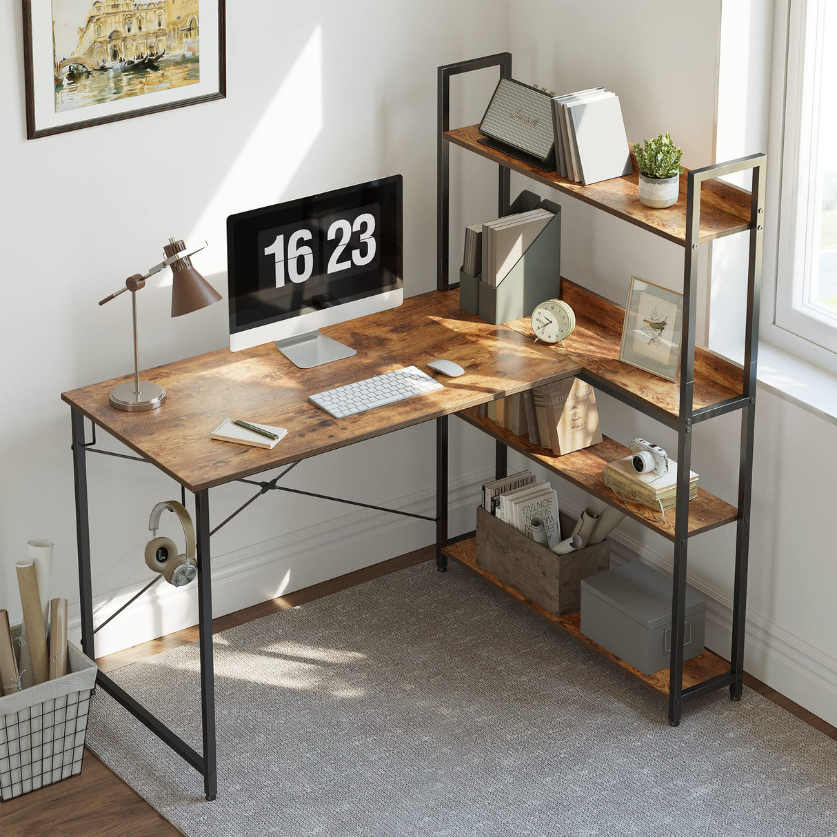 Corner Desk with Storage Shelves, 47 Inch Reversible L Shaped Desk with Bookshelf, Home Office Writing Desk with Hooks, Small L Study Table, Rustic Brown