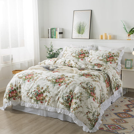 Floral Duvet Cover Set Queen Size 100% Cotton Ruffle Vintage Rose Comforter Cover Set,