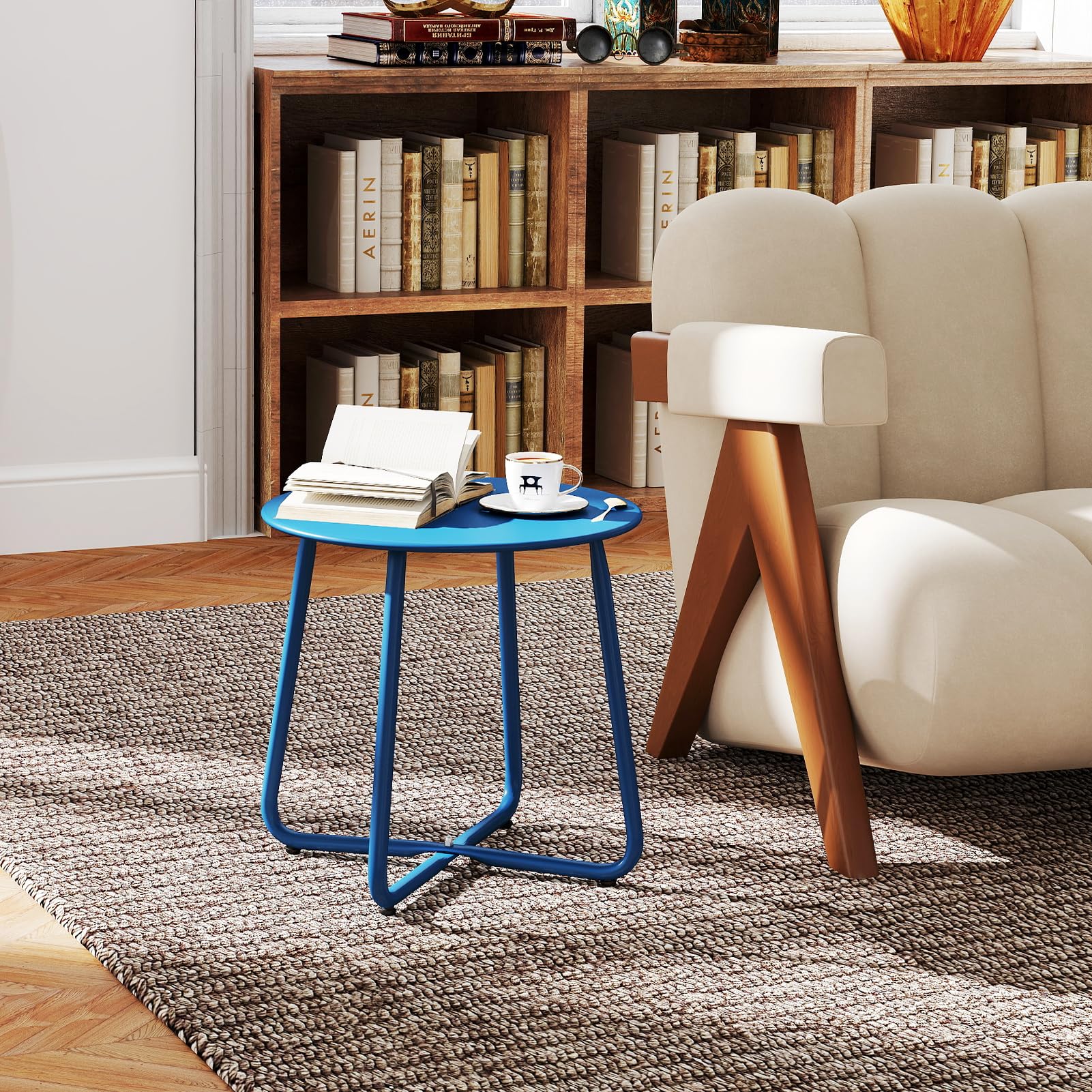 HollyHOME Round Metal Side Table, Rust - Resistant Patio Small Plant Stand, Outdoor 17.32'' Portable End Table for Balconies, Gardens, Living Rooms and Bedrooms, Navy Blue - Bircata