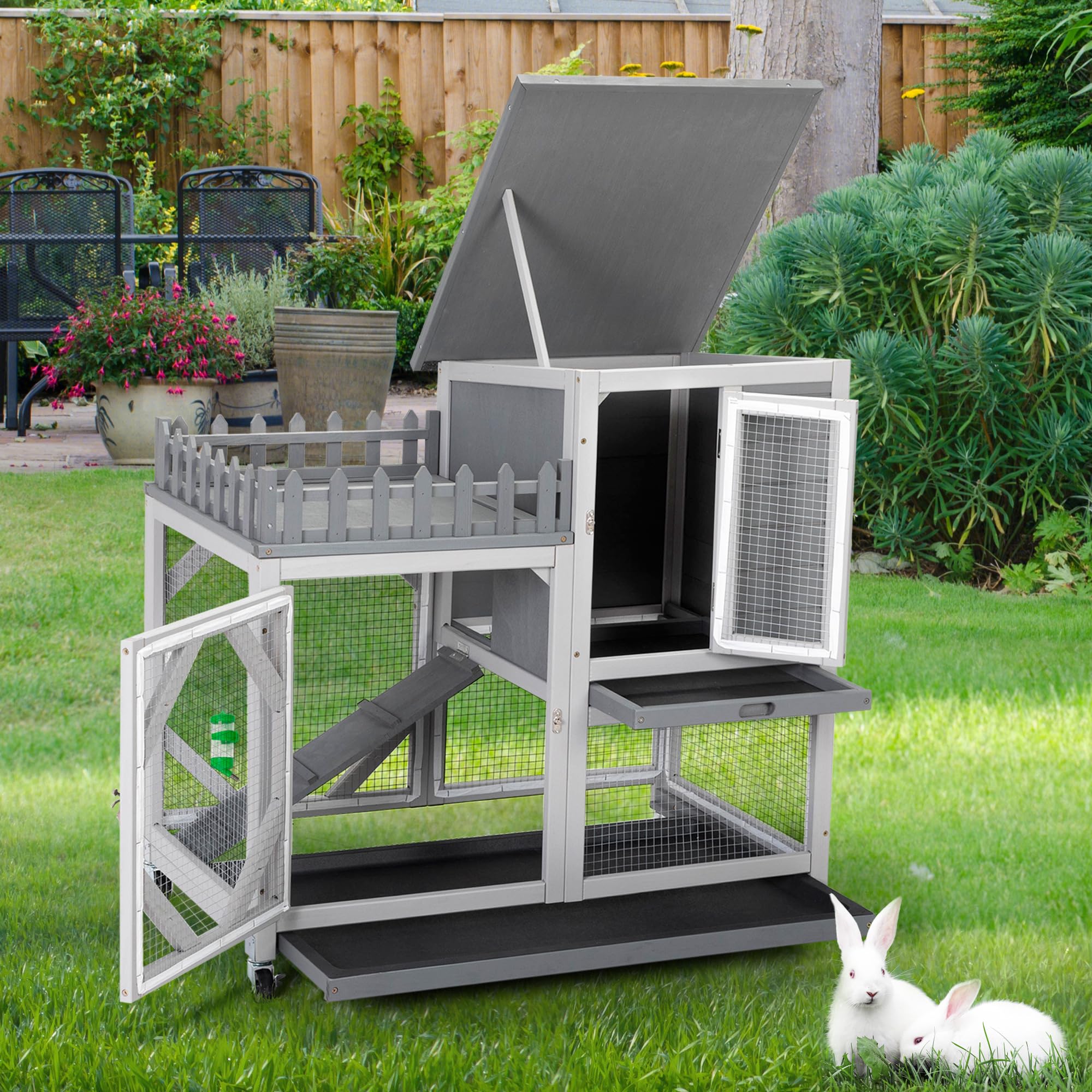 COZIWOW Assembled Durable 38Inches Rabbit Hutch Indoor on Wheels, Small Animal Houses Habitats, Rolling Large Bunny Cage Outdoor with Removable Tray, Ramp, Two Story Bunny Hutch Cage（Grey）