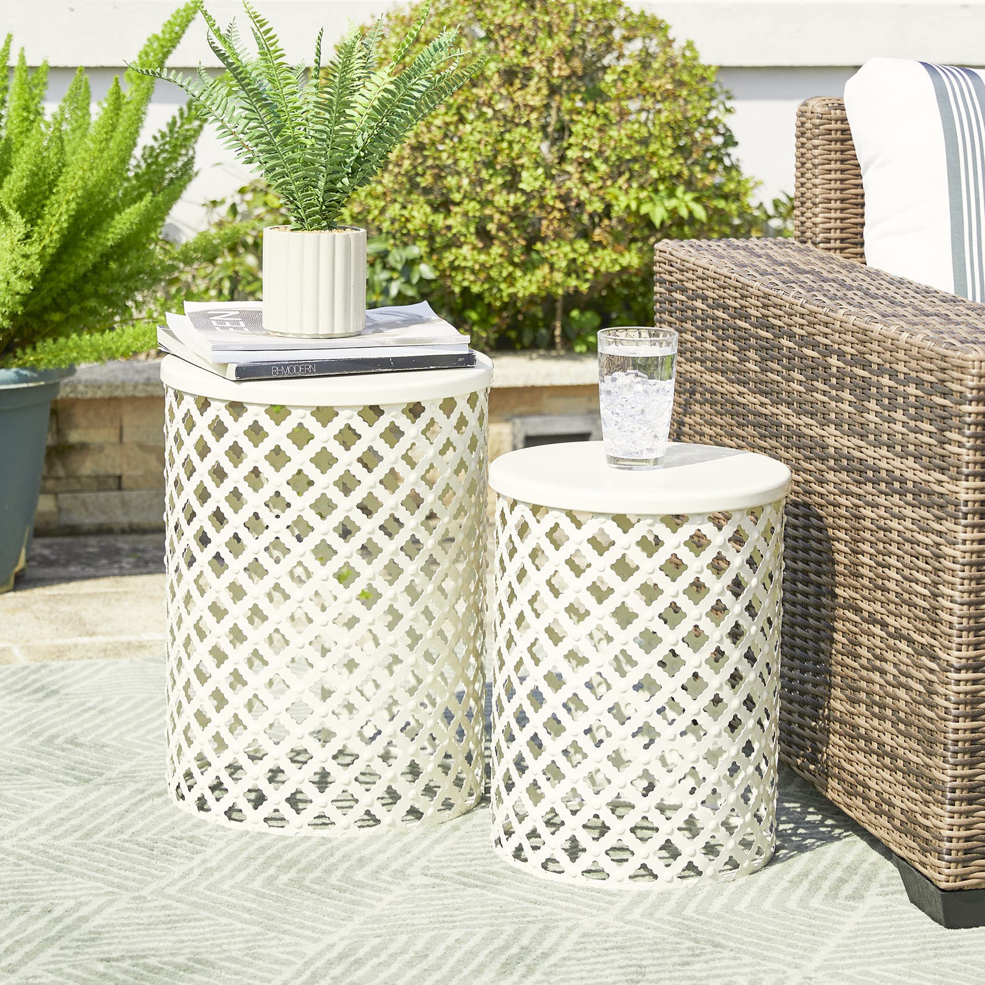 Glitzhome Outdoor Side Table Set of 2, Decorative Garden Stool for Indoor Outdoor Heavy Duty Metal Frame Accent Table Modern End Table, Glossy White - Bircata