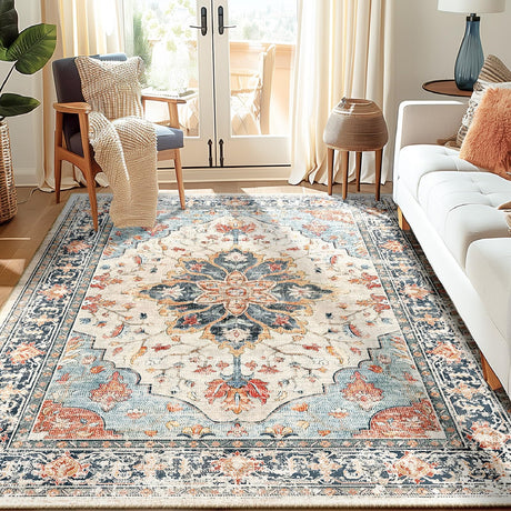 RELEANY 8x10 Area Rugs 8x10, Washable Rug, Non-Slip, Rugs for Living Room, Kitchen Rugs, Rugs for Bedroom Entryway Rug, Vintage Rugs Boho Floral Medallion, Low Pile, Soft, Beige Dark Blue Navy Red