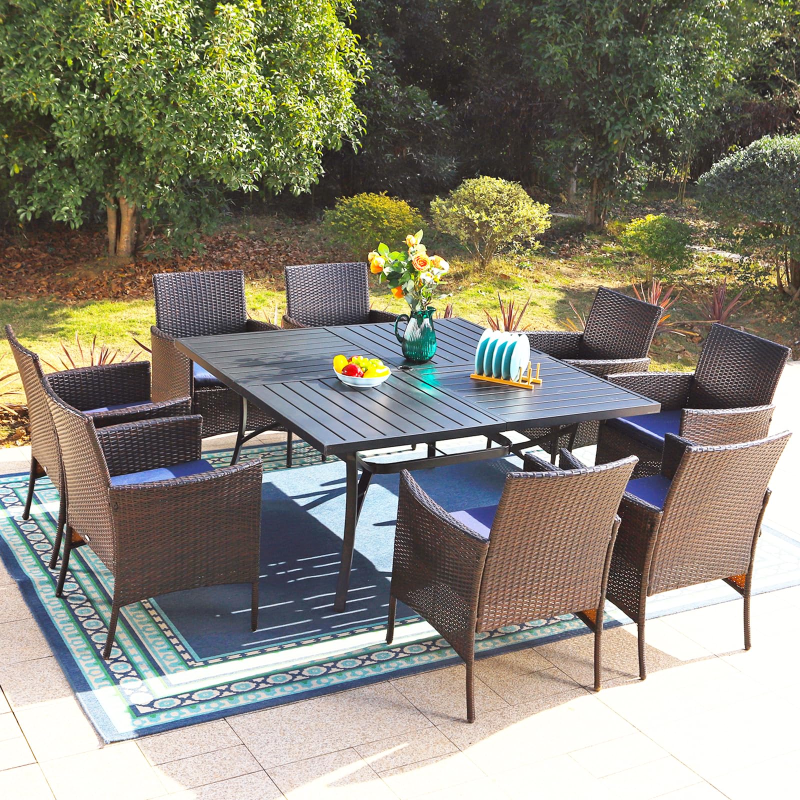 9 Pieces Patio Dining Set for 8, All Weather Square Metal Patio Table and Wicker Chairs