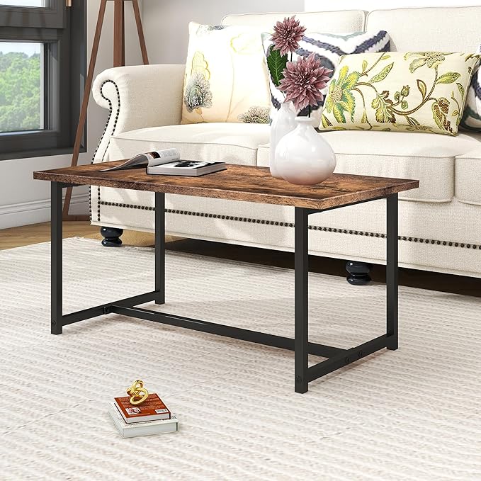 Industrial Coffee Table with Rectangle Wood and Stable Metal Frames